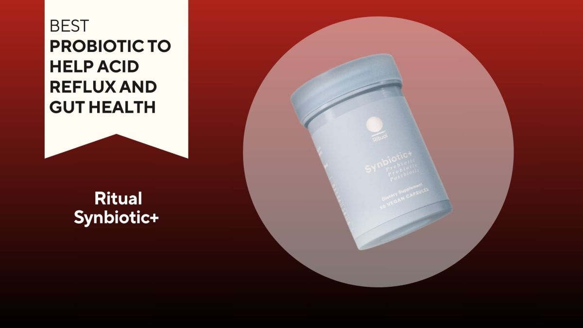 Blue pill bottle with white writing that says "Synbiotic+" against a red background
